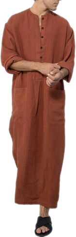 Holiberty Men Kaftan Thobe Long Sleeve Cotton Muslim Robe Gown Saudi Arab Islamic Muslim Dress Beach Shirt Bathrobe Sleepwear in Kuwait