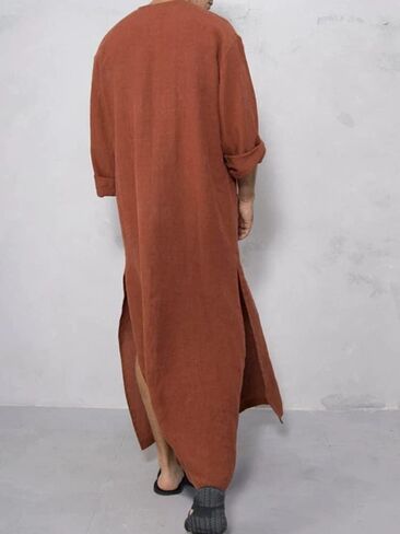Holiberty Men Kaftan Thobe Long Sleeve Cotton Muslim Robe Gown Saudi Arab Islamic Muslim Dress Beach Shirt Bathrobe Sleepwear in Kuwait