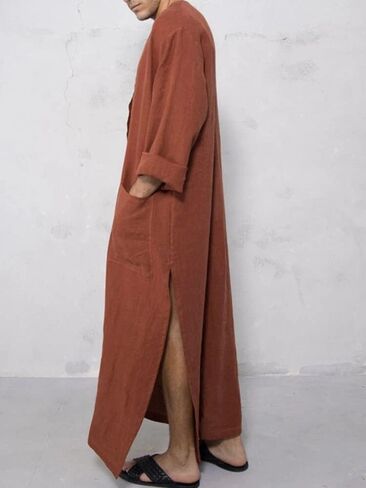 Holiberty Men Kaftan Thobe Long Sleeve Cotton Muslim Robe Gown Saudi Arab Islamic Muslim Dress Beach Shirt Bathrobe Sleepwear in Kuwait