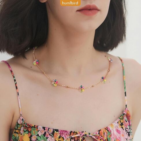 humlbird Choker Necklace for Women Daisy Necklace Crystal Flower Necklace 14K Gold Plated Stainless Steel Gold Necklaces in Kuwait