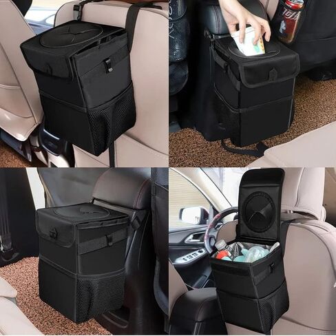 Car Trash can with Lid and Storage Pockets, Car Back seat Waterproof Car Garbage Can, Hanging Automotive Car Garbage Cans Leak Proof Vehicle Multipurpose Trash Bag Bin (Black) in Saudi Arabia