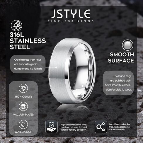 خواتم Jstyle من الفولاذ المقاوم للصدأ للرجال والنساء 8 مم خواتم زفاف بسطح غير لامع - حافة مصقولة مشطوفة للرجال مقاس 6-14 in Kuwait