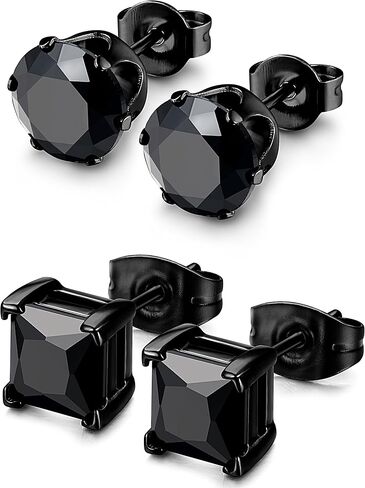 BESTEEL 2 Pairs Hypoallergenic CZ Black Stud Earrings for Men Women 316L Stainless Steel Square Round CZ Mens Earrings Studs Jewelry Set for Sensitive Ears 3-8MM Black Silver in Kuwait