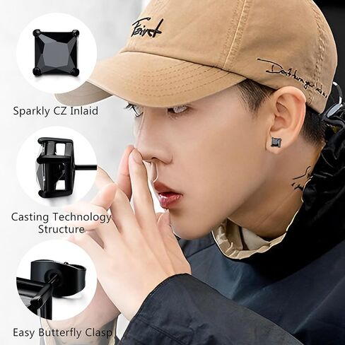 BESTEEL 2 Pairs Hypoallergenic CZ Black Stud Earrings for Men Women 316L Stainless Steel Square Round CZ Mens Earrings Studs Jewelry Set for Sensitive Ears 3-8MM Black Silver in Kuwait