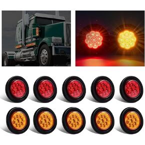 10Pack(5 Amber + 5 Red) 2" 9 LED Round Trailer Side Marker Light Grommet Flush Mount, [DOT Approved] Sealed 2 inch Clearance Lights with Reflex Lens for Truck RV Camper, IP67 Waterproof, 12V