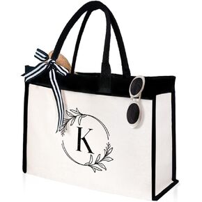 SANDJEST Monogrammed Canvas Tote Bag Embroidered Initial Beach Totes Bags Gifts for Women Friend Coworker Bridesmaid