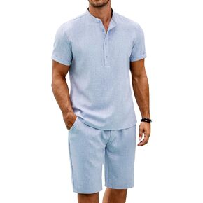 COOFANDY Men's 2 Pieces Set Short Sleeve Henley Shirts and Shorts Pants Texture Summer Beach Vacation Outfits