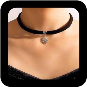 Boho Black Suede Choker Necklace Snowflake Velvet Collar Necklace Silver Snow Pendant Necklace Christmas Snow Flake Necklace Jewelry For Women