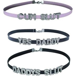 3 Pcs/Set Pink CUM SLUT+Black YES DADDY+Black DADDY'S SLUT Chokers Necklaces,Rhinestone DDLG Collars For Women ,Cute Sexy Brat Dad Choker Collar For Lover Honey Princess Hotwife,Faux Sheepskin PU Leather Naughty Cosplay Accessories Jewelry