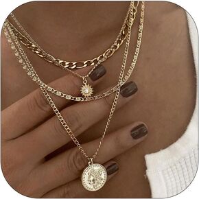 Gold Necklace Stack Layered Necklaces for Women Trendy Gold Heart Coin Necklace Dainty Necklace for Women Chunky Chain Necklace Women Statement Necklace Jewelry Set Gifts for Women Boho Jewelry
