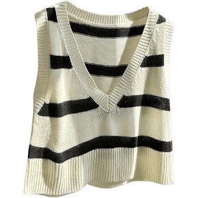 SweatyRocks Women's Sweater Vest Striped V Neck Sleeveless Loose Knit Vest Crop Tops