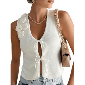 Verdusa Women's 3D Flower Bow Tie V Neck Sleeveless Knit Sweater Vest
