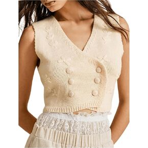 MakeMeChic Women's Double Breasted V Neck Sweater Vests Floral Sleeveless Bow Knot Knit Crop Tops