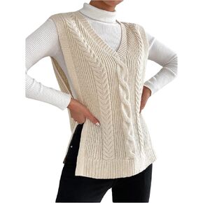 MakeMeChic Women's Cable Knit Split Hem Sleeveless Sweater Vest V Neck Knit Sweaters