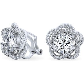 Bridal Cubic Zirconia Pave Twist Halo AAA CZ 3D Flower Rose Clip On Earrings For Women Mother Wedding Prom Formal Holiday Party Non Pierced Ears Silver Plated