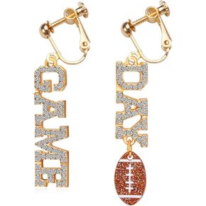 Football Game Days Clip on Earrings Non Pierced for Women, Rhinestones Football Letter Dangle Earrings, Sports Lover Touchdown Drop Gold Plated Drop Earrings, Football Team for Women Jewelry