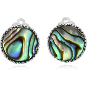 Aeravida Classic 16mm Round Abalone Shell Botton .925 Sterling Silver Clip On Earrings | Classic Sterling Silver Stud Earring for Women | Vintage Round Clip On Earrings | Gift for Women