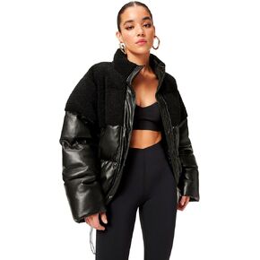 Good American Womens Faux Leather Short Puffer Jacket