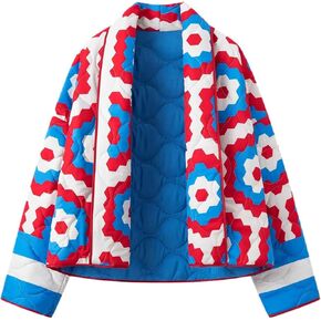 سترة Flygo المبطنة بالزهور للنساء سترات منتفخة قصيرة خفيفة الوزن كبيرة الحجم مفتوحة من الأمام مطبوعة أسفل معطف (أحمر-L) in Kuwait