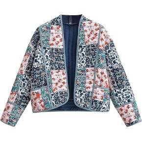 سترة نسائية مبطنة منتفخة من Wyeysyt سترة صوفية مطبوعة بالزهور خفيفة الوزن وأكمام طويلة ومفتوحة من الأمام ومعاطف قصيرة مبطنة (03Blue-XL) in Kuwait