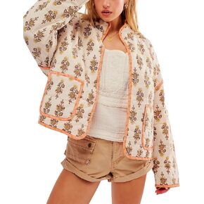 COZYPOIN Women Floral Printed Quilted Jacket Colorblock Lightweight Padded Jacket Puffer Coat Outwear(Beige-XL)