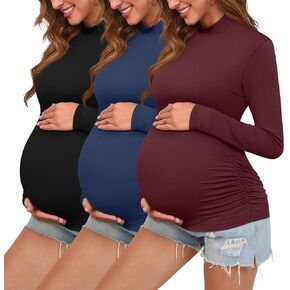 Ficerd 3 Pack Women's Maternity Shirts, Long Sleeve Mock Turtleneck Pregnancy Tops Casual Side Ruched Tshirt Pregnant Clothes