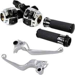 2pcs Headlight Horn Turn Signal Light Switch with Harness and 1 Pair Chrome Brake Clutch Hand Levers with Hand Grips 1" Handlebar Compatible with Harley Dyna XL Sportster 883 1200 Softail