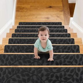 Jaoul Stair Treads for Wooden Steps Indoor Non-Slip 8" X 30" Indoor 15PCS Stair Treads Carpet, Non-Skid Safety Rug Stair Runners for Kids Elders and Pets (Bluish Gray, 15PCS)