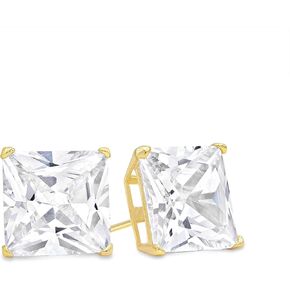 KEZEF Yellow Gold Plated Sterling Silver Stud Earrings | Square Princess Cut CZ Cubic Zirconia for Women and Men | Square Basket Setting Stud Earring | 12mm