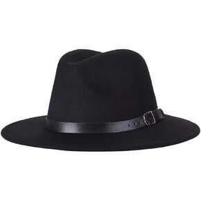 Women Classic Wide Brim Wool Fedora Hat with Belt Buckle Felt Panama Trilby Hat Church Derby Cap Jazz Hat Black