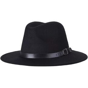 Unisex Wide Brim Felt Fedora Hat Floppy Panama Hat with Band Buckle (Black)