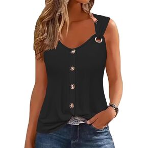 Womens Summer Tops Scoop Neck O Ring Shoulder Tank Tops Casual Sleeveless Button Front T Shirt Blouse