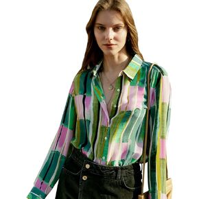 Women's 100% Pure Silk Blouse Long Sleeve Button Down Shirt Spring Summer Elegant Floral Striped Tops Women Smooth Blouses