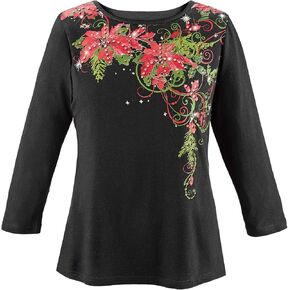 Collections Etc Poinsettia Sequin Sparkling Christmas Top with 3/4 Sleeves and Scoop Neckline