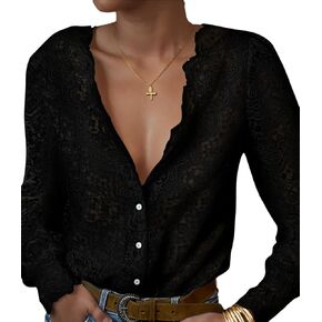 Lace Tops for Women Dressy Casual Blouses Puff Long Sleeve V Neck Button Down Business Work Shirts