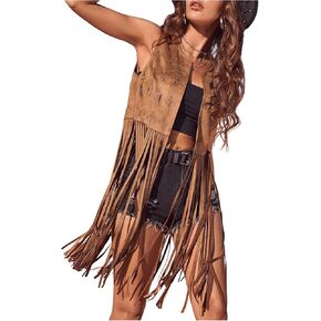 Women's Fringe Vest Sleeveless 70s Hippie Faux Suede Vest Jacket Boho Trim Western Tassel Cardigan Vest Coat