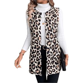 MakeMeChic Women's Leopard Print Open Front Vest Outerwear Sleeveless Vintage Jacket Coat