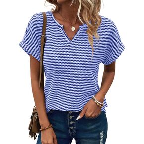EVALESS Womens Dressy Casual Cap Short Sleeve Tops Trendy Summer V Neck Loose Striped Casual Basic T Shirts Tee Blouses