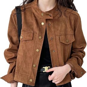 Babalet Women Suede Short Jacket Fall Winter Faux Suede Leather Crop Jacket Coats Button Long Sleeve Cropped Shackets