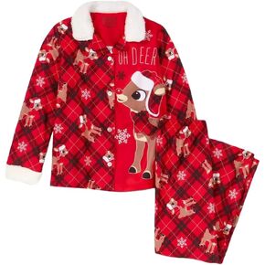 Rudolph the Red-Nosed Reindeer Girl's 2 Piece Coat Style Flannel Pajama Set