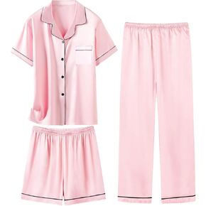 Schbbbta Girls Silk Pajamas Sets Satin Button Down Short Sleeve Sleepwear, Baby Pink, 7-8 Years