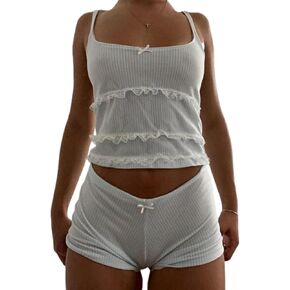 Winioder النساء Y2K الأزهار بيجامة مجموعة أكمام كامي المحاصيل القمم و Bodycon مجموعة تي شيرتات قصيرة للأطفال في سن المراهقة الفتيات لطيف منامة الجمالية مجموعة