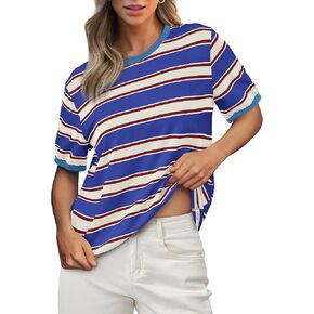 BTFBM Womens Summer Tops 2025 Crewneck Short Sleeve Striped T Shirts Casual Loose Lightweight Color Block Basic Tee