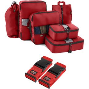 Gorilla Grip Packing Cubes and Luggage Straps, Packing Cubes with Zipper Pack of 6, Luggage Straps Tightening Belts 2 Pack both in Red, 2 item Bundle