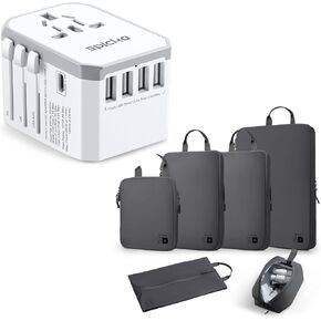 EPICKA Universal Travel Adapter - White, 6 Pieces Ultra-Lightweight Compression Packing Cubes - Dark Grey