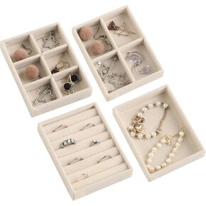 Frebeauty Small Jewelry Tray Set,Stackable Velvet Jewelry Organizer Tray,Mini Jewelry Drawer Organizer,Drawer Inserts,4.92 x 3.74 x 0.9 Inches,Earring Organizer for Women(Set 4,Beige)
