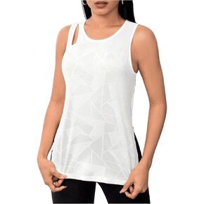 Women's Cut Out Sleeveless Athletic Shirt Geo Print Split Side Crew Neck Workout Tank Top