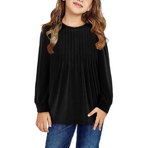 Yoklass Girls Puff Long Sleeve Shirts Crew Neck Front Pleated Tops Casual Loose Dressy Blouses 4-13 Years