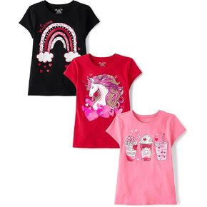 The Children's Place Girls' All Holidays Short Sleeve Graphic T-Shirts,Multipacks, VDAY Heart/Rainbow/Drinks 3-Pack