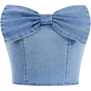 Floerns Girl's Cute Bow Strapless Denim Tube Top Zipper Back Sleeveless Y2k Bandeau